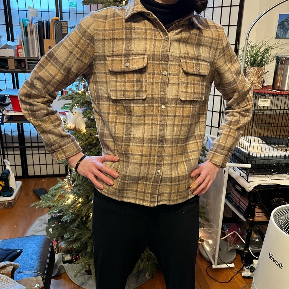 APC snap button down shirt wool blend presents as gently worn